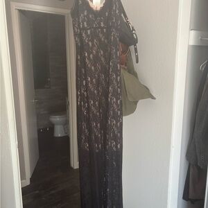 Black Lace Maxi Dress with Nude Lining